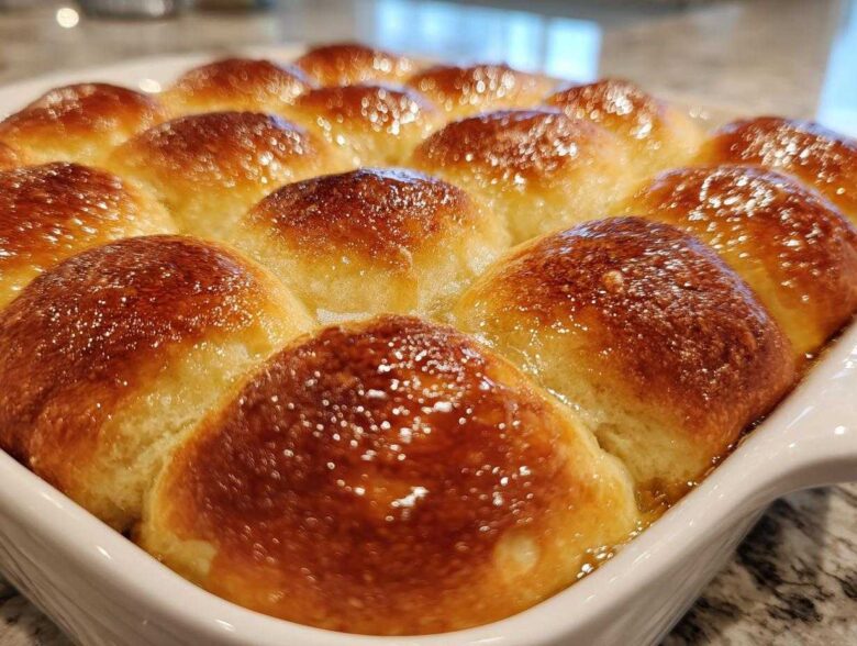 Close-up of a pan of amazing soft dinner rolls with a shiny, golden-brown glaze.