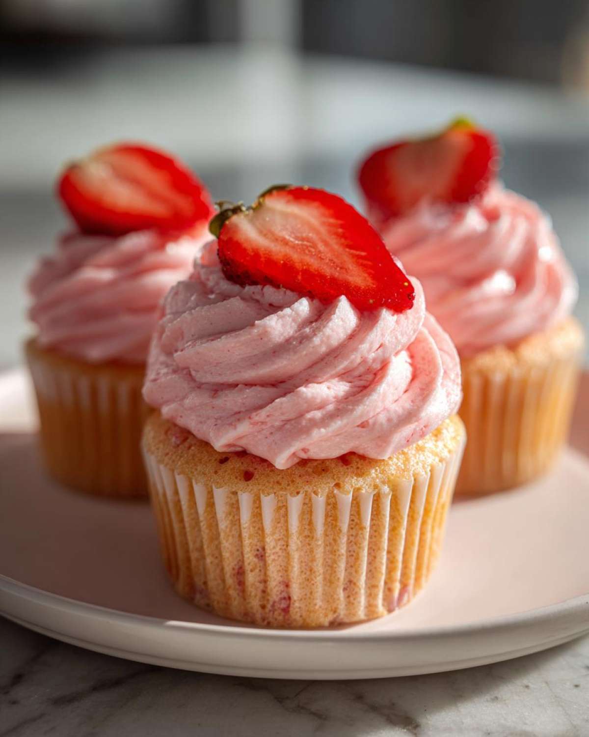 Three delicious strawberry cupcakes topped with pink frosting and a fresh strawberry slice, ready to eat.