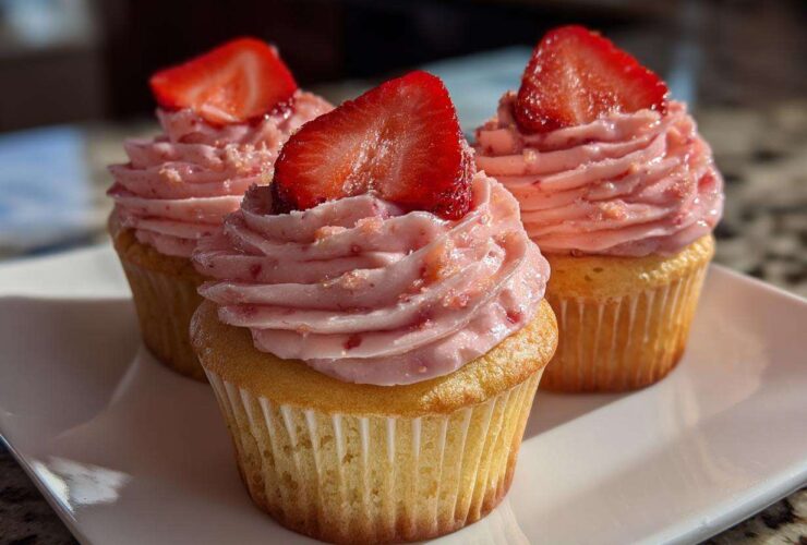 Three delicious strawberry cupcakes topped with pink frosting and fresh strawberry slices, ready to eat.