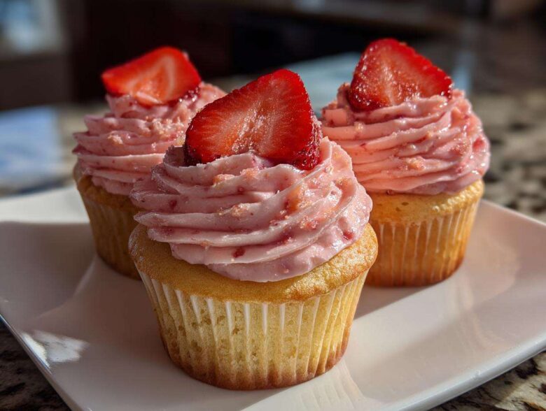Three delicious strawberry cupcakes topped with pink frosting and fresh strawberry slices, ready to eat.