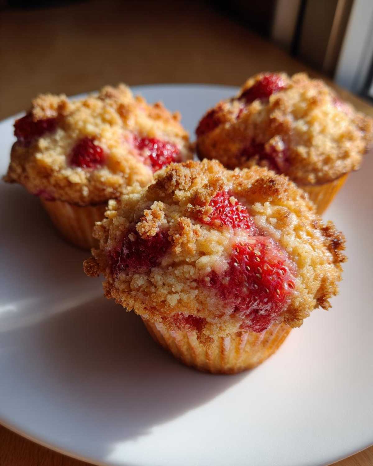 Three freshly baked strawberry muffins topped with a golden crumb streusel, sitting on a white plate.