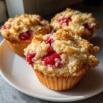 Three delicious strawberry muffins with a golden crumb topping resting on a white plate.