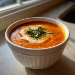 A close-up of a rich, orange tomato bisque in a white bowl, swirled with cream and topped with fresh basil.
