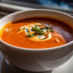Close-up of a vibrant orange tomato bisque in a white bowl, garnished with a swirl of cream and fresh basil.