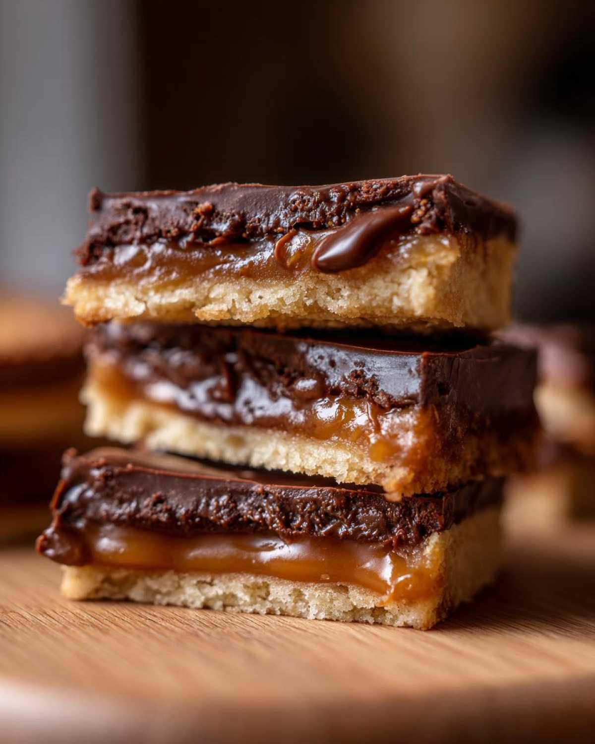 Close-up of three stacked twix cookies bars showing shortbread crust, gooey caramel, and rich chocolate topping.