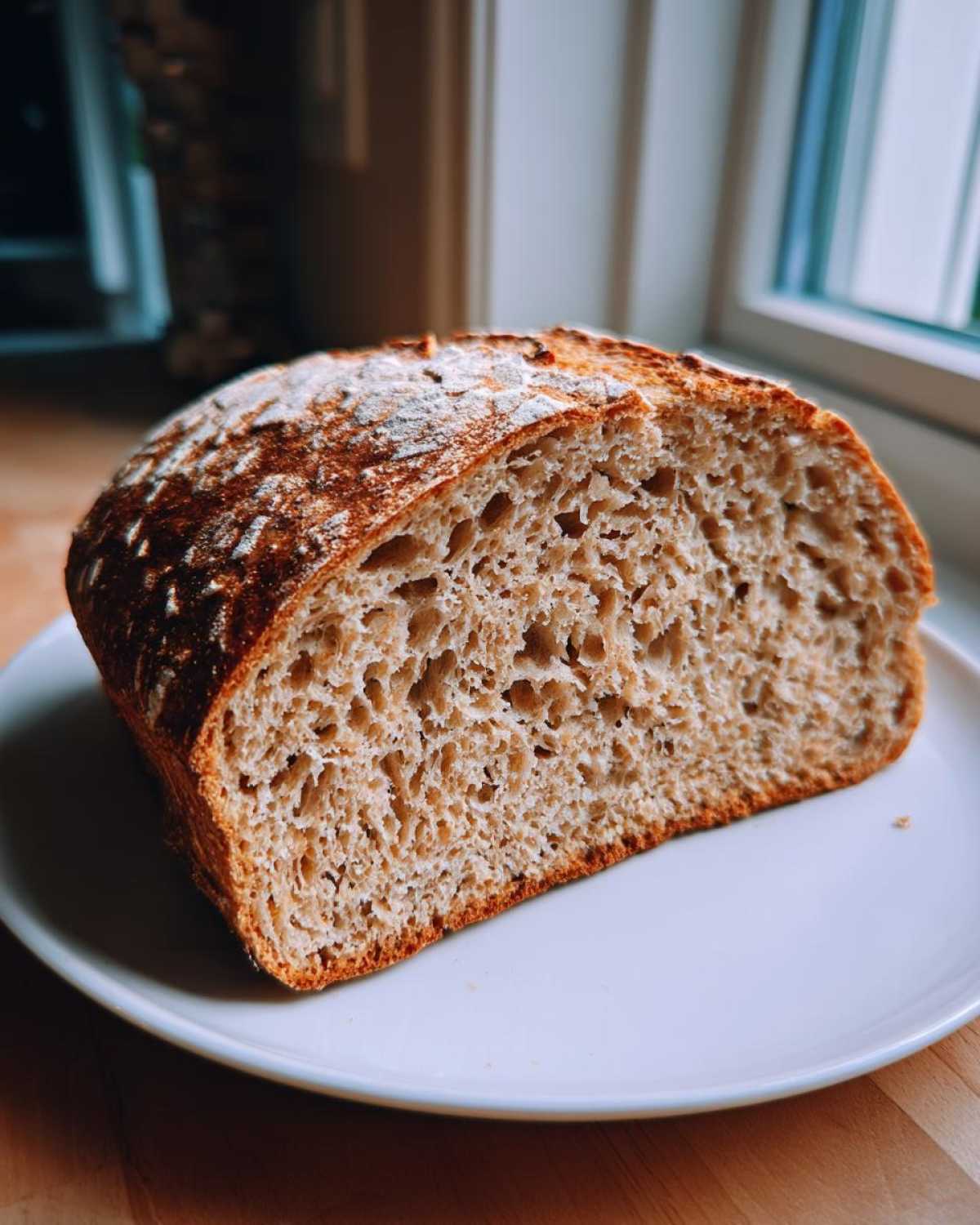 Cross-section view showing the open, airy crumb structure of a freshly baked whole wheat bread loaf.
