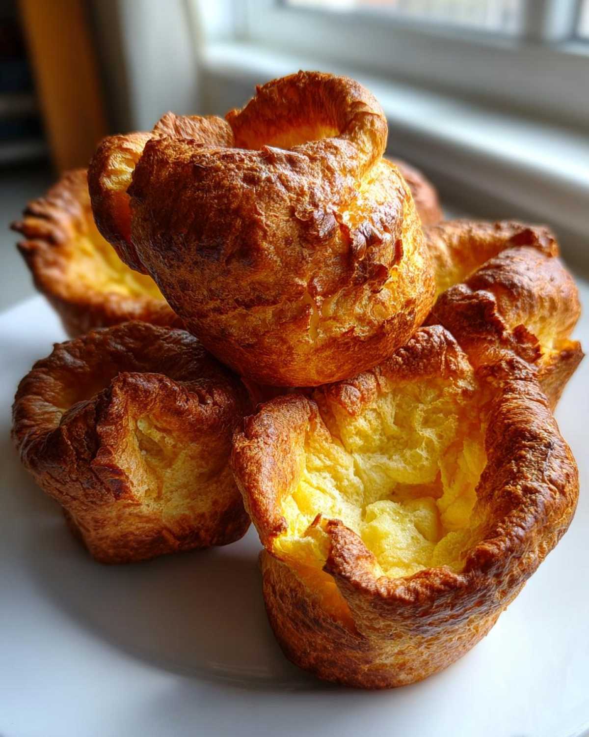 A close-up of several golden brown, tall, and fluffy yorkshire pudding items stacked on a white plate.