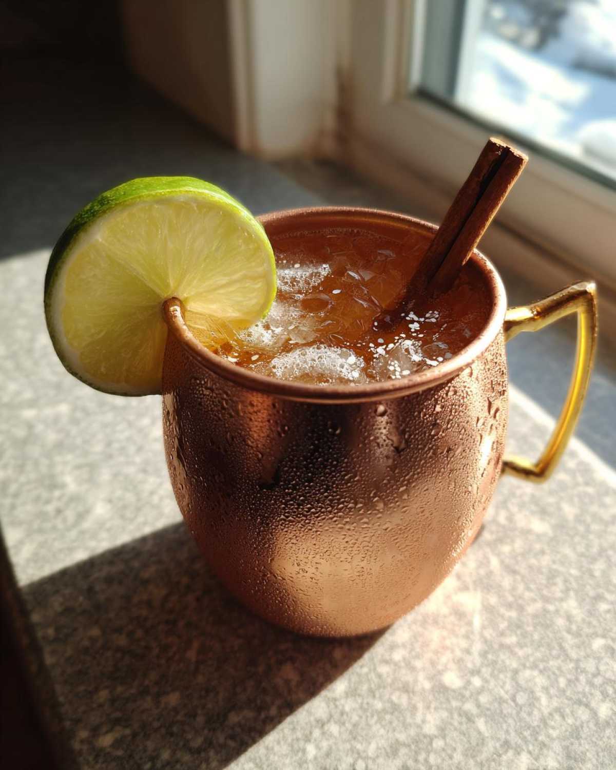 A condensation-covered copper mug filled with an apple cider moscow mule, garnished with a lime wheel and cinnamon stick.