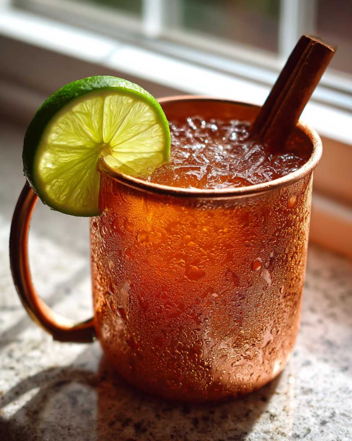 A condensation-covered copper mug filled with an apple cider Moscow mule, garnished with a lime wheel and cinnamon stick.