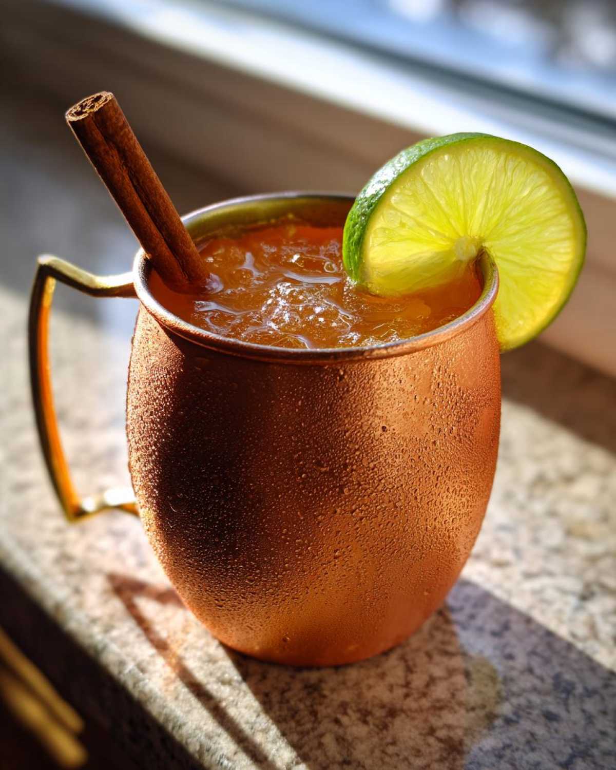 Close-up of a frosty copper mug filled with an apple cider Moscow mule, garnished with a lime wheel and cinnamon stick.