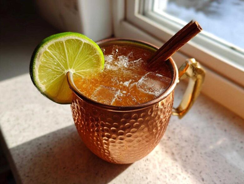 A refreshing apple cider moscow mule served over ice in a hammered copper mug, garnished with a lime wheel and cinnamon stick.