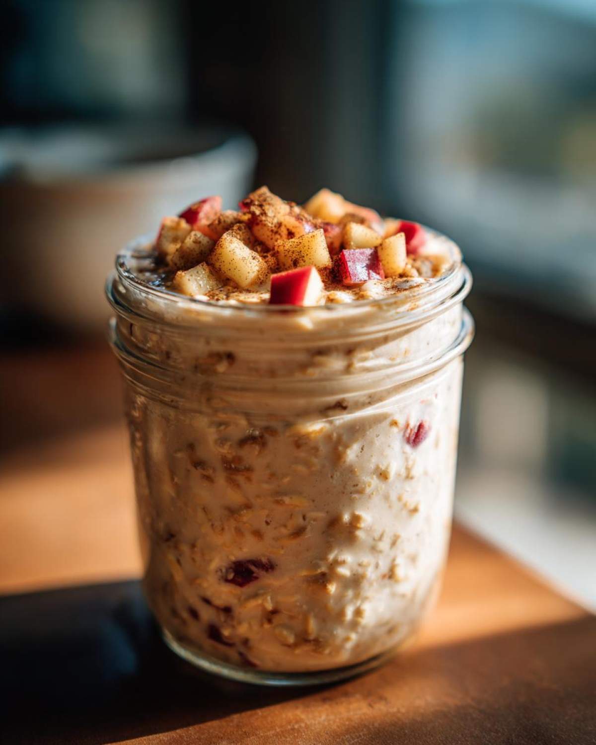 Close-up of apple cinnamon overnight oats in a glass jar, topped with diced apples and cinnamon.