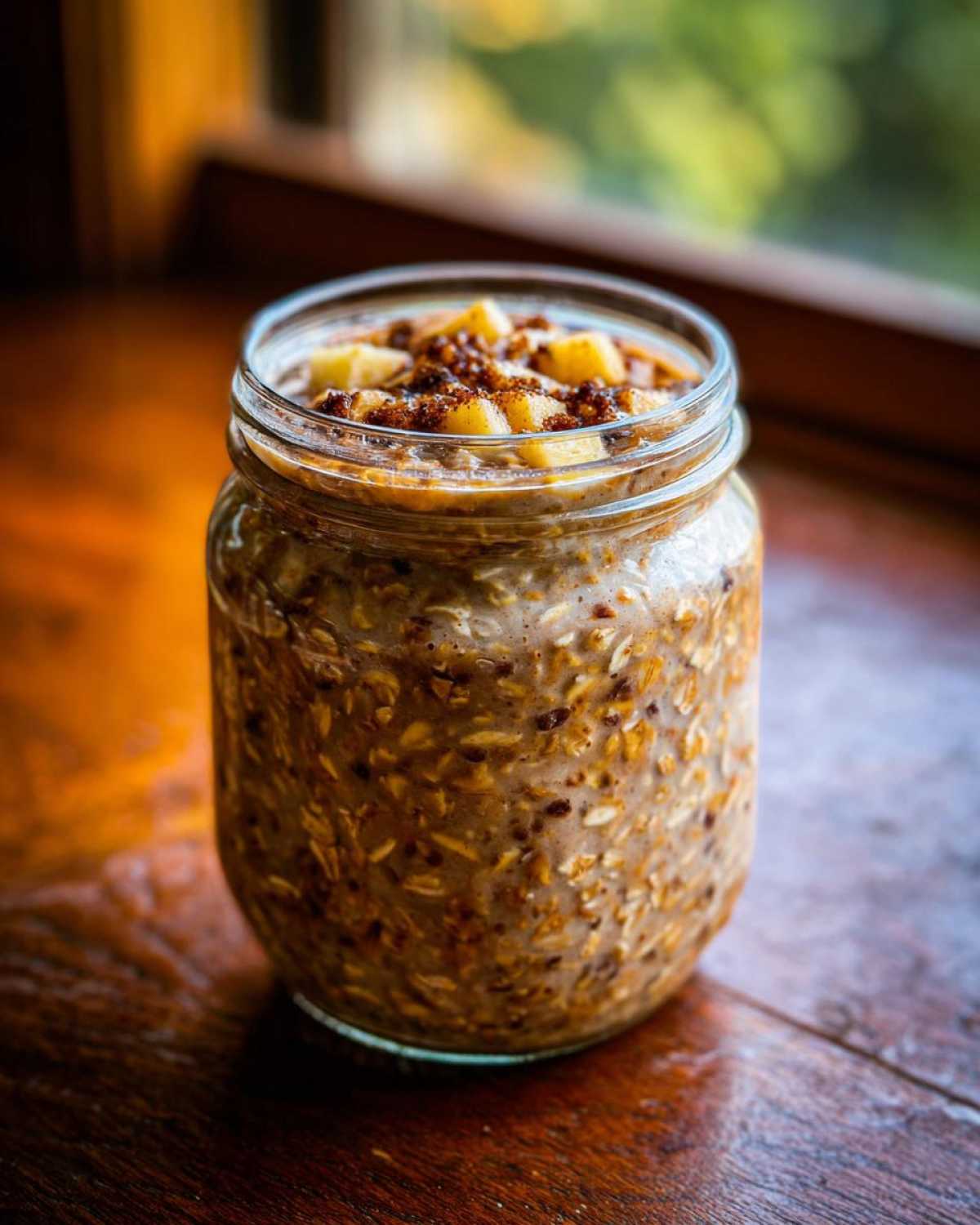Close-up of apple cinnamon overnight oats in a glass jar topped with diced apples and cinnamon sugar.