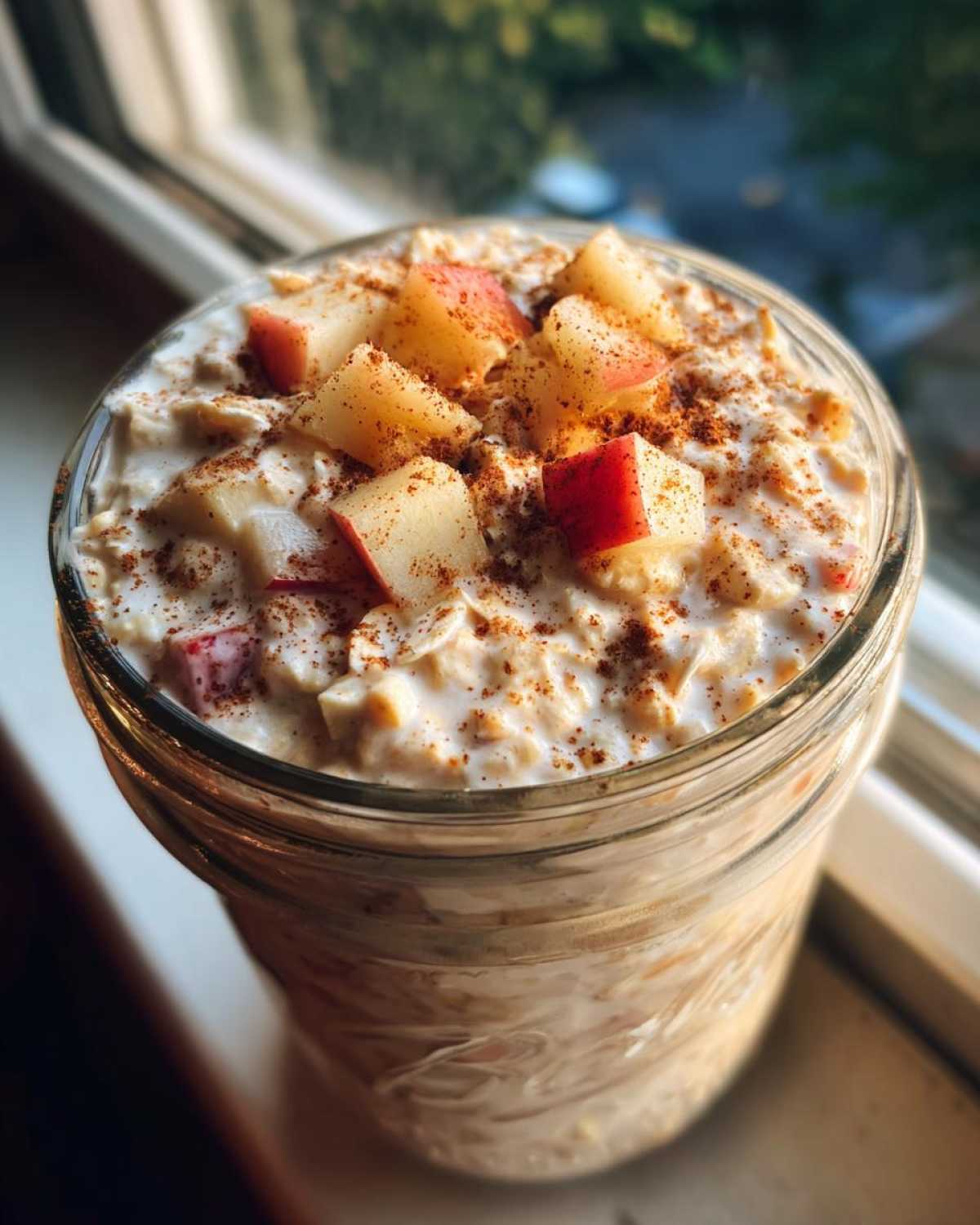 Close-up of apple cinnamon overnight oats in a mason jar, topped with diced apples and cinnamon.