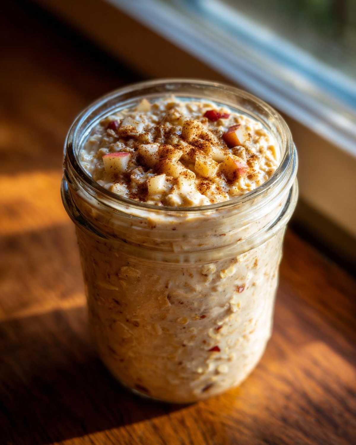 Close-up of apple cinnamon overnight oats in a glass jar, topped with diced apples and cinnamon.