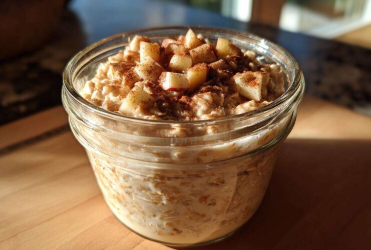 A single jar filled with creamy apple cinnamon overnight oats, topped with diced apples and cinnamon.