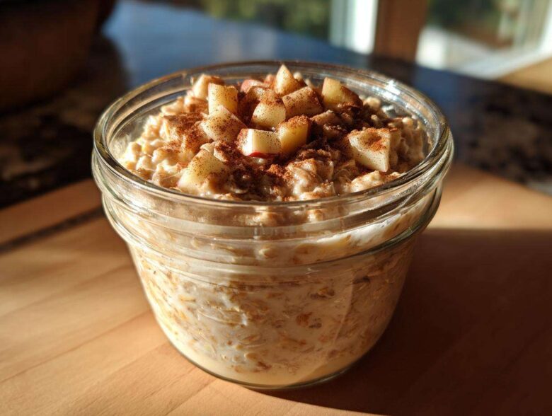 A single jar filled with creamy apple cinnamon overnight oats, topped with diced apples and cinnamon.