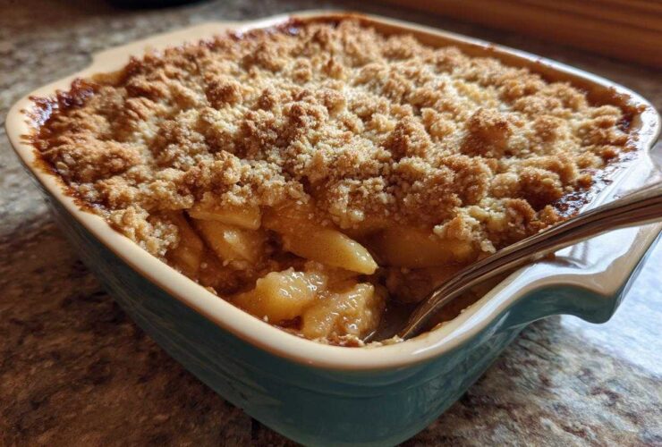 Close-up of a golden brown apple crisp recipe baked in a teal ceramic dish with a spoon digging in.