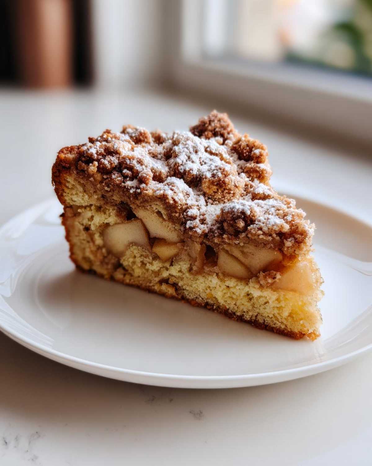 A close-up of a moist slice of apple crumb cake, topped with cinnamon streusel and powdered sugar, served on a white plate.