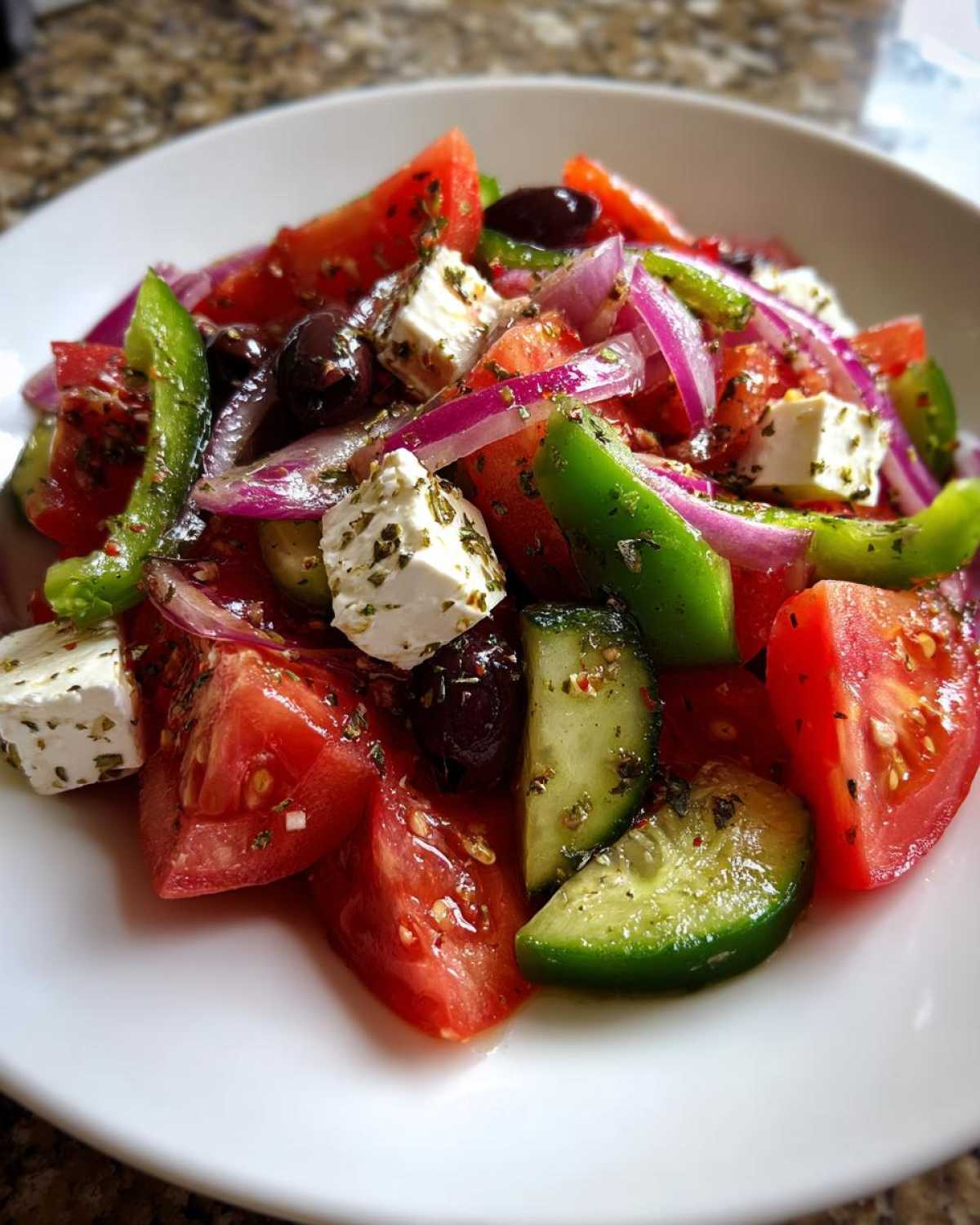 Close-up of a vibrant greek salad featuring chunks of tomato, cucumber, red onion, green pepper, Kalamata olives, and feta cheese.