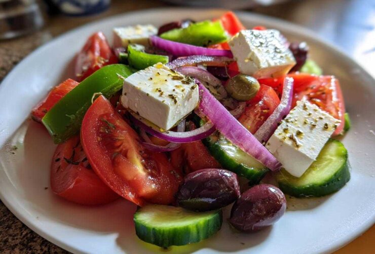 Close-up of an authentic greek salad featuring large cubes of feta, tomatoes, cucumbers, red onion, and Kalamata olives.