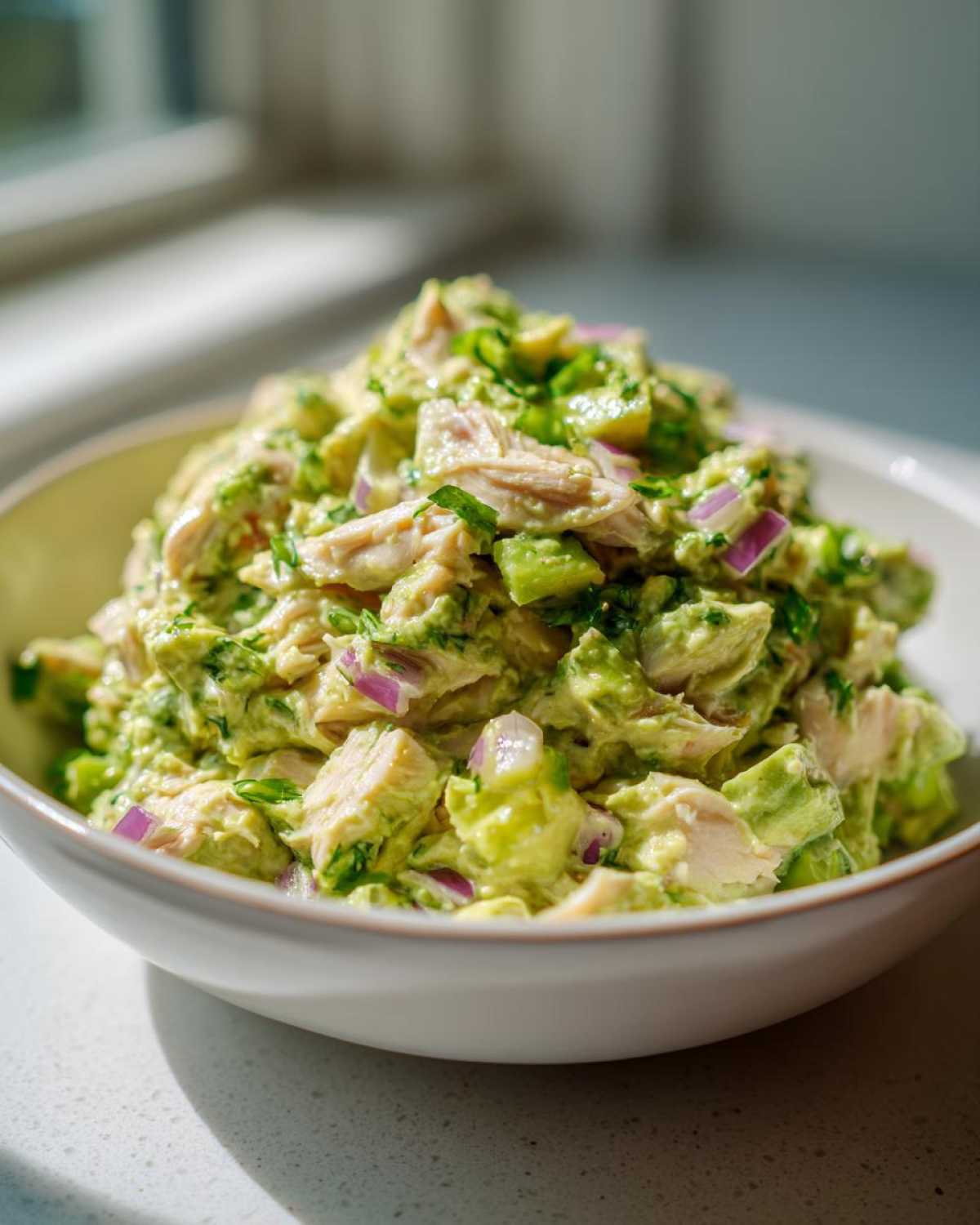 A close-up of a white bowl filled with chunky avocado chicken salad, featuring visible pieces of chicken and red onion.