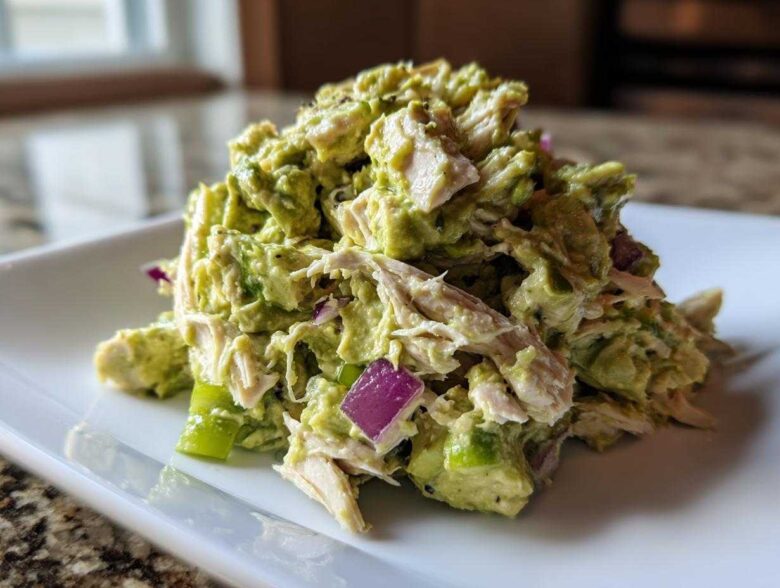 Close-up of a scoop of creamy avocado chicken salad mixed with red onion and green pepper chunks.