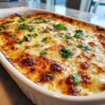 Close-up of a hot, cheesy elote dip baked until golden brown and topped with fresh cilantro.