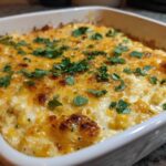 Close-up of a freshly baked, cheesy elote dip topped with chopped cilantro in a square white baking dish.