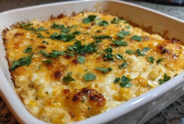 Close-up of a freshly baked, cheesy elote dip topped with chopped cilantro in a square white baking dish.