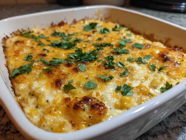 Close-up of a freshly baked, cheesy elote dip topped with chopped cilantro in a square white baking dish.