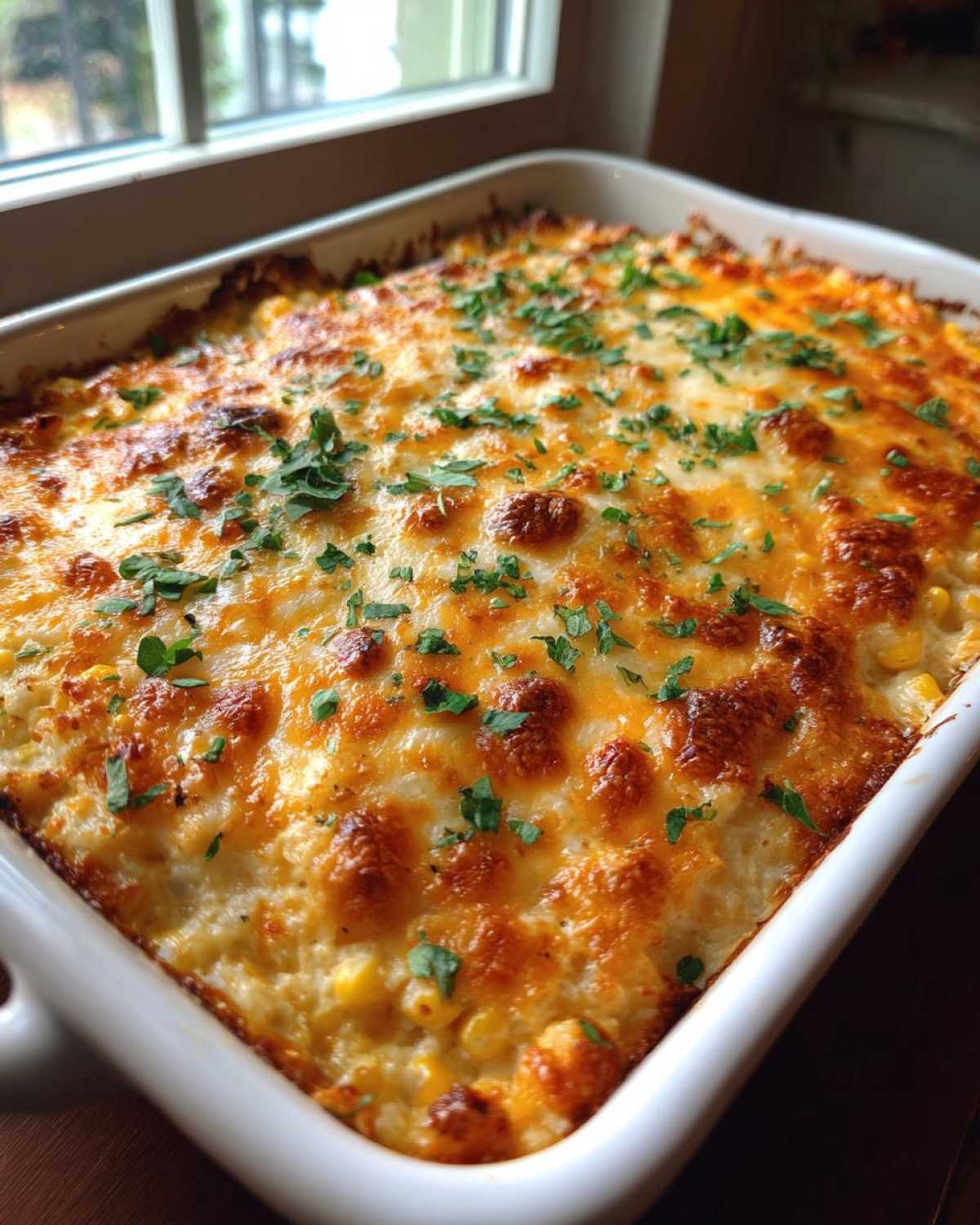 Close-up of a bubbling, cheesy baked elote dip topped with fresh parsley in a white baking dish.