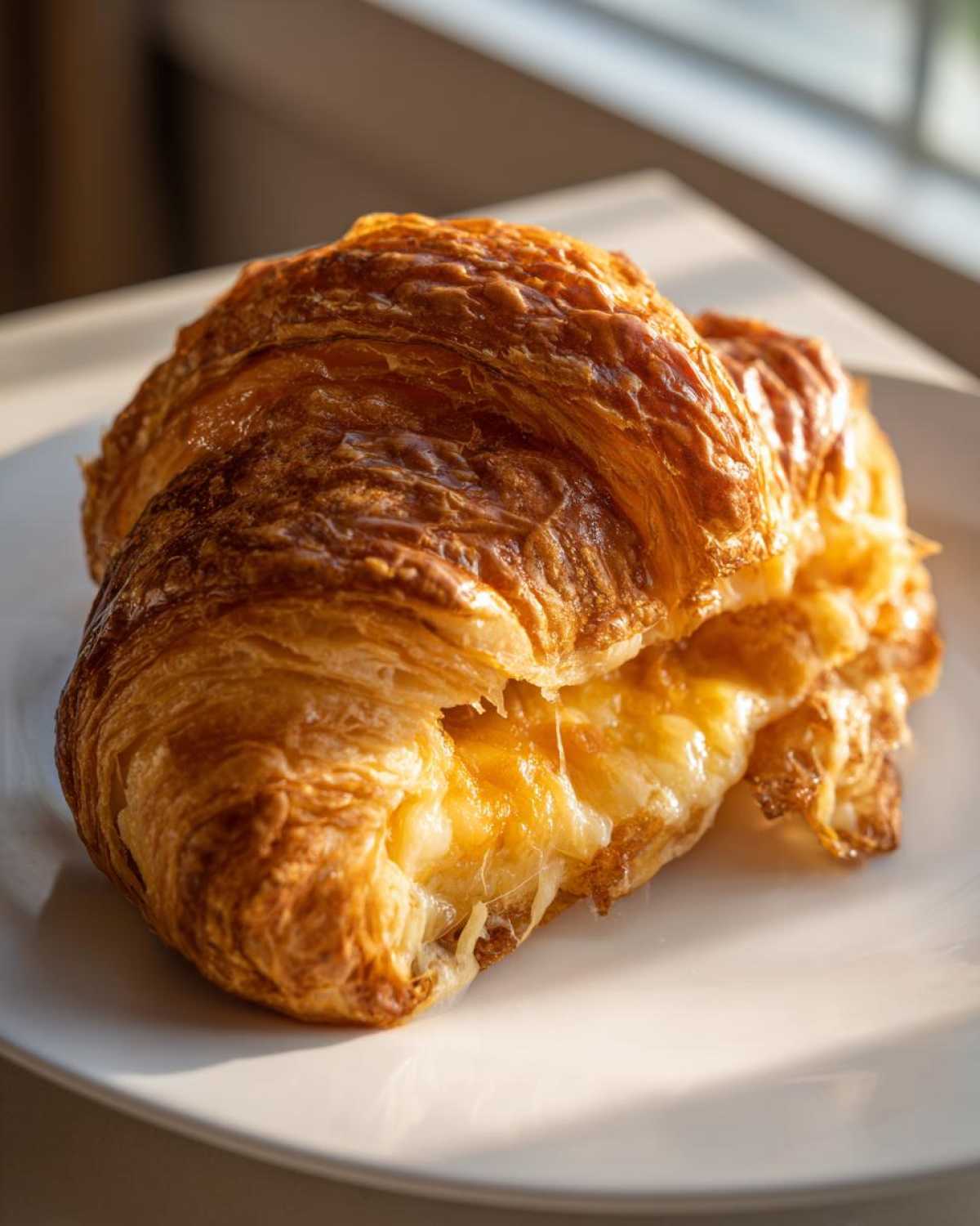 A golden brown baked ham and cheese croissant oozing with melted cheese, sitting on a white plate.