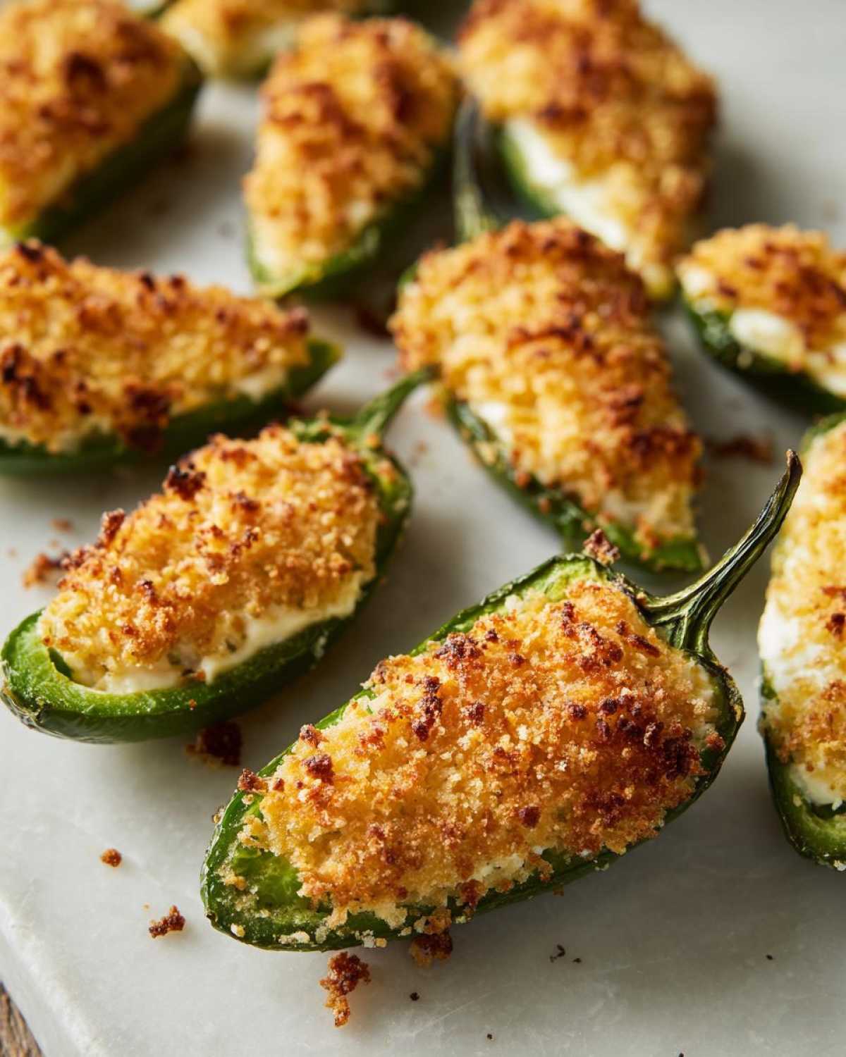 Close-up of several baked Jalapeño poppers halved and stuffed with cheese filling and topped with golden brown breadcrumbs.