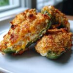 Close-up of baked Jalapeño poppers halves filled with creamy cheese and topped with golden, crispy breadcrumbs.