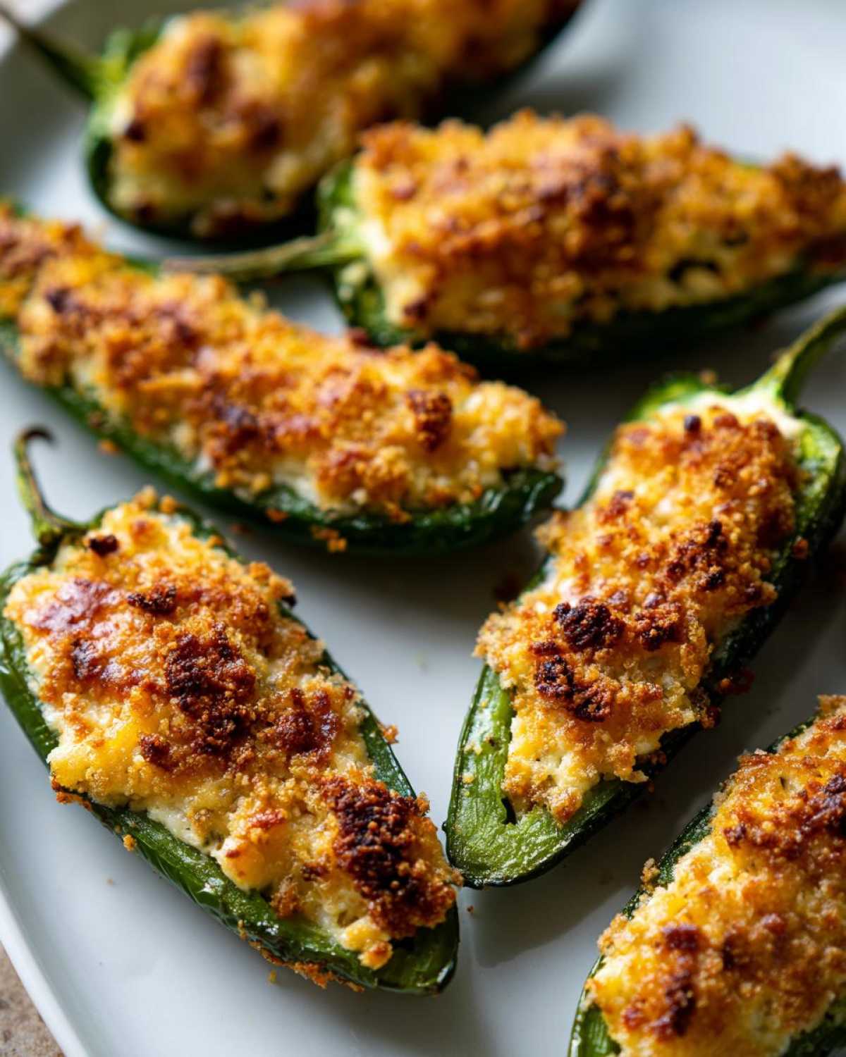 Close-up of several baked Jalapeño poppers stuffed with cheese and topped with a golden, crispy breadcrumb crust.