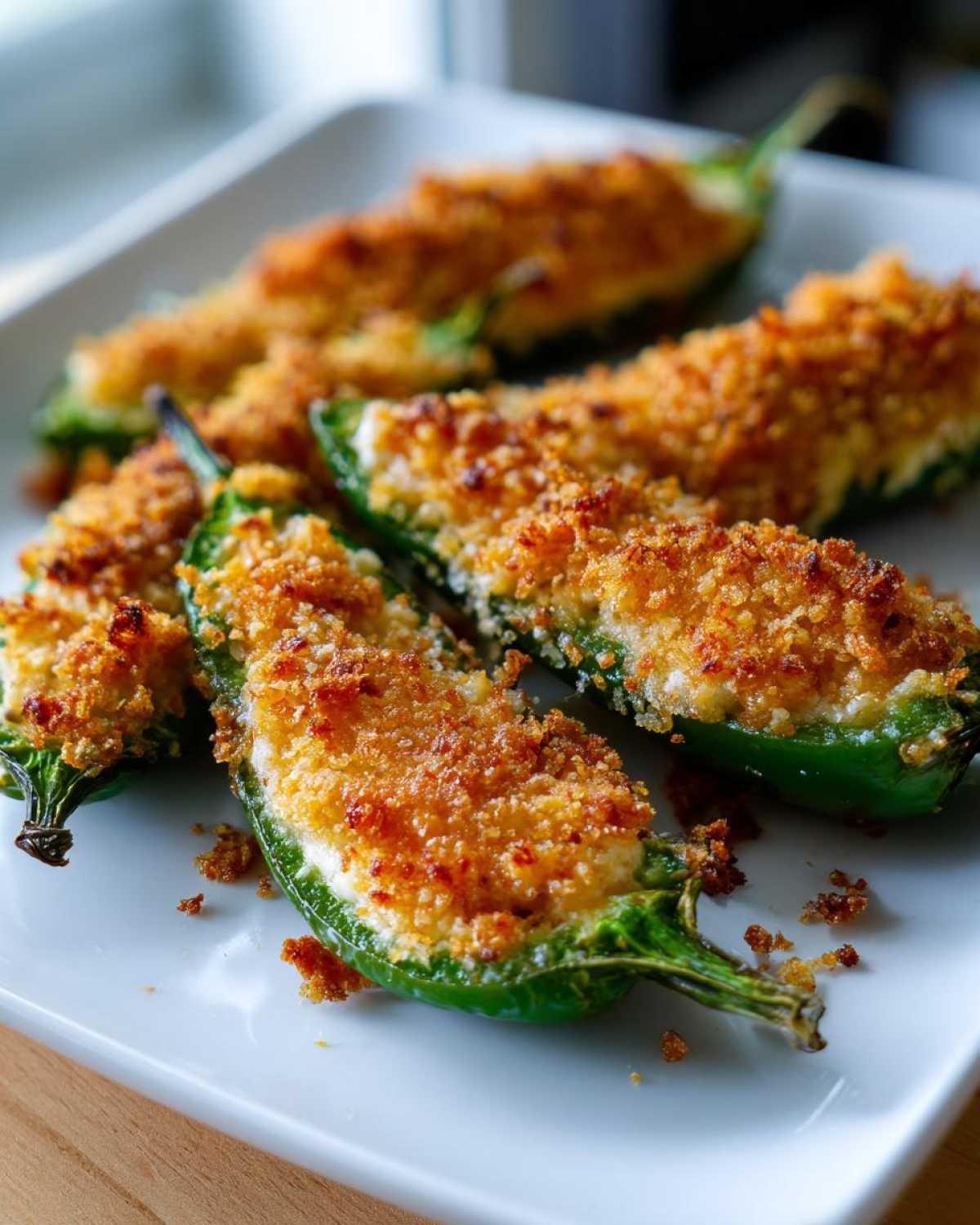 Close-up of baked Jalapeño poppers stuffed with cheese and topped with golden, crispy breadcrumbs.