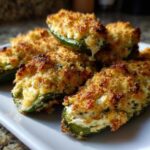 Close-up of several golden-brown baked Jalapeño poppers stuffed with creamy filling, served on a white rectangular plate.