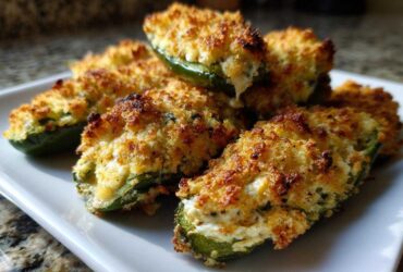 Close-up of several golden-brown baked Jalapeño poppers stuffed with creamy filling, served on a white rectangular plate.