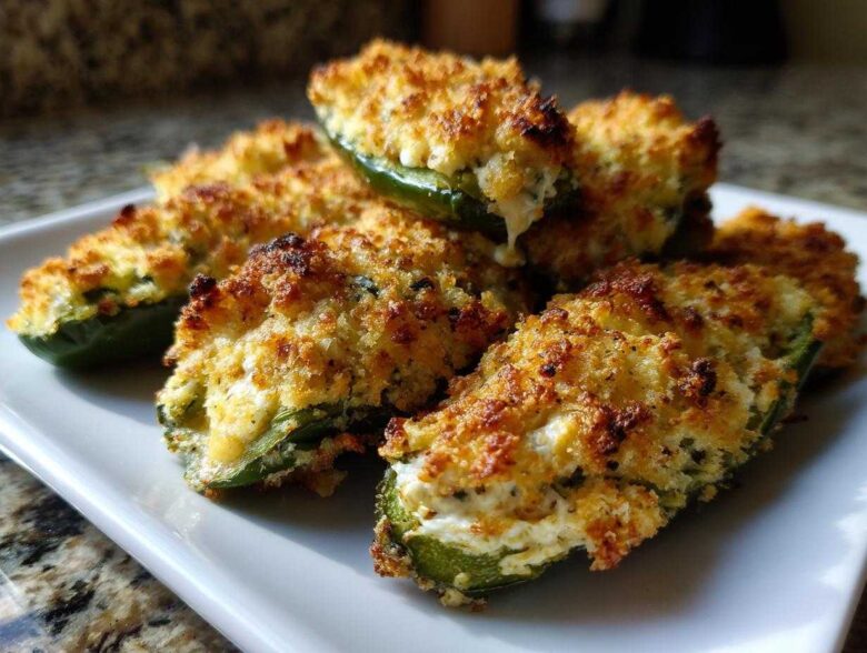 Close-up of several golden-brown baked Jalapeño poppers stuffed with creamy filling, served on a white rectangular plate.