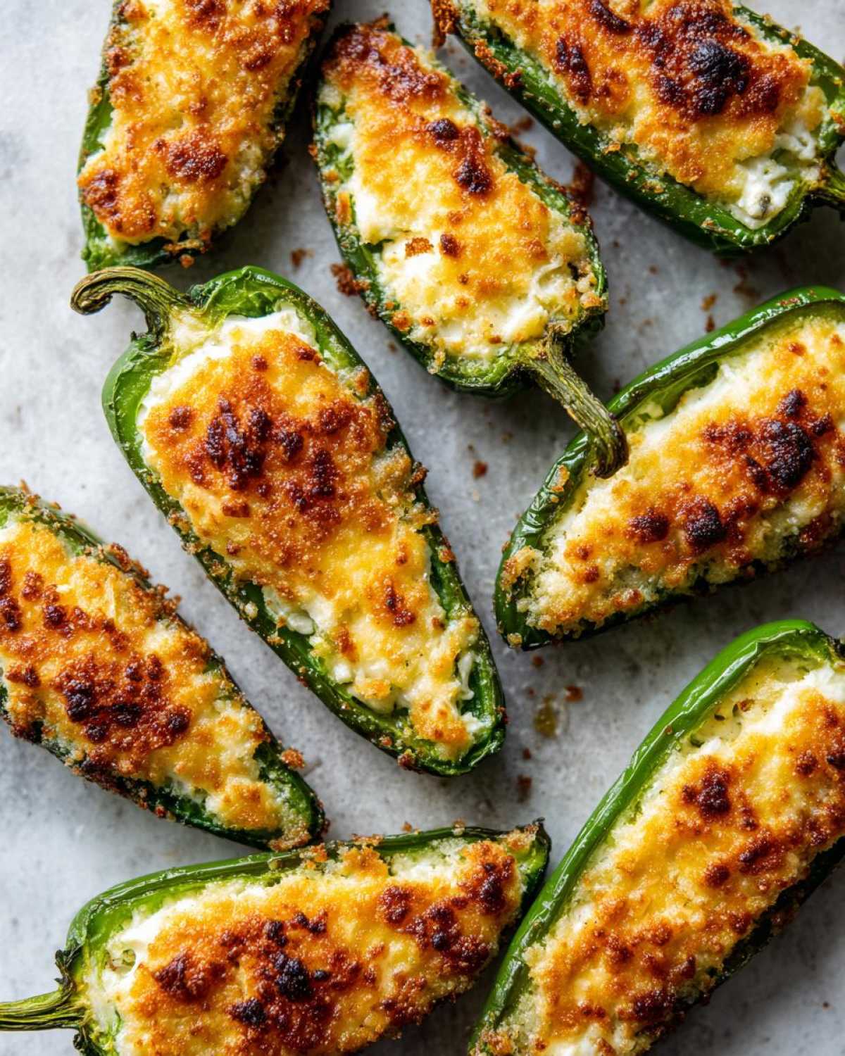 Close-up overhead view of several baked Jalapeño poppers stuffed with creamy cheese filling and topped with browned breadcrumbs.