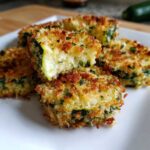 Close-up of crispy, golden-brown baked parmesan zucchini slices stacked on a white plate.