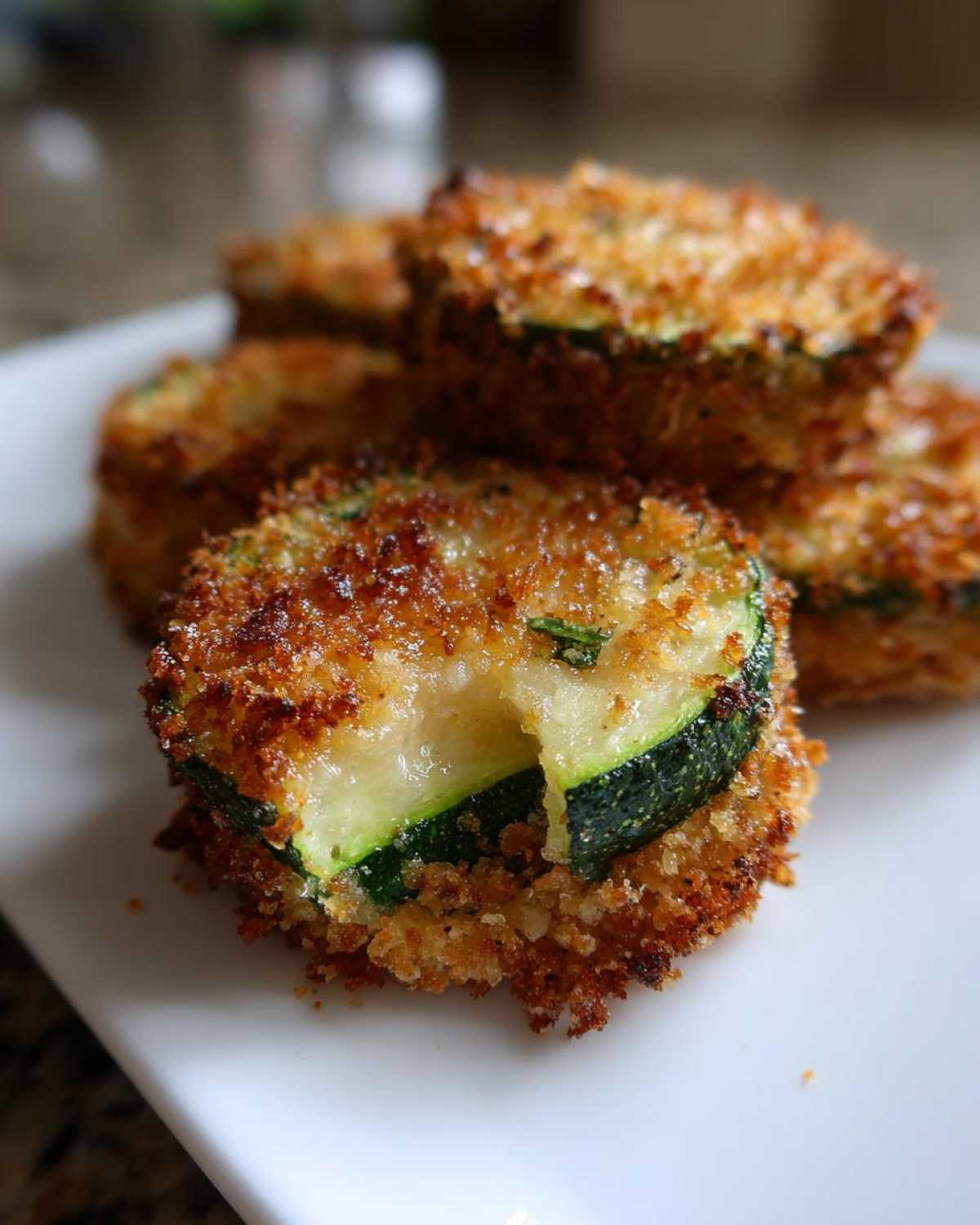 Close-up of crispy, golden brown baked parmesan zucchini slices stacked on a white plate.