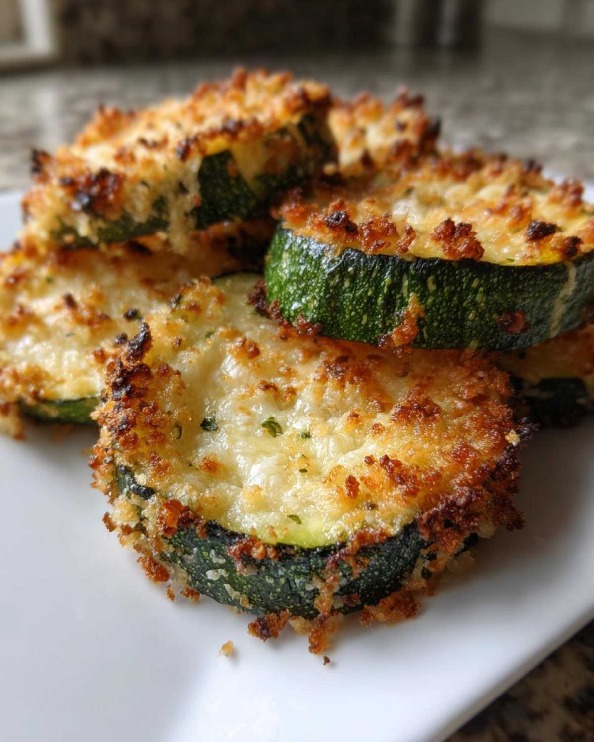Close-up of crispy, golden-brown baked parmesan zucchini slices stacked on a white plate.