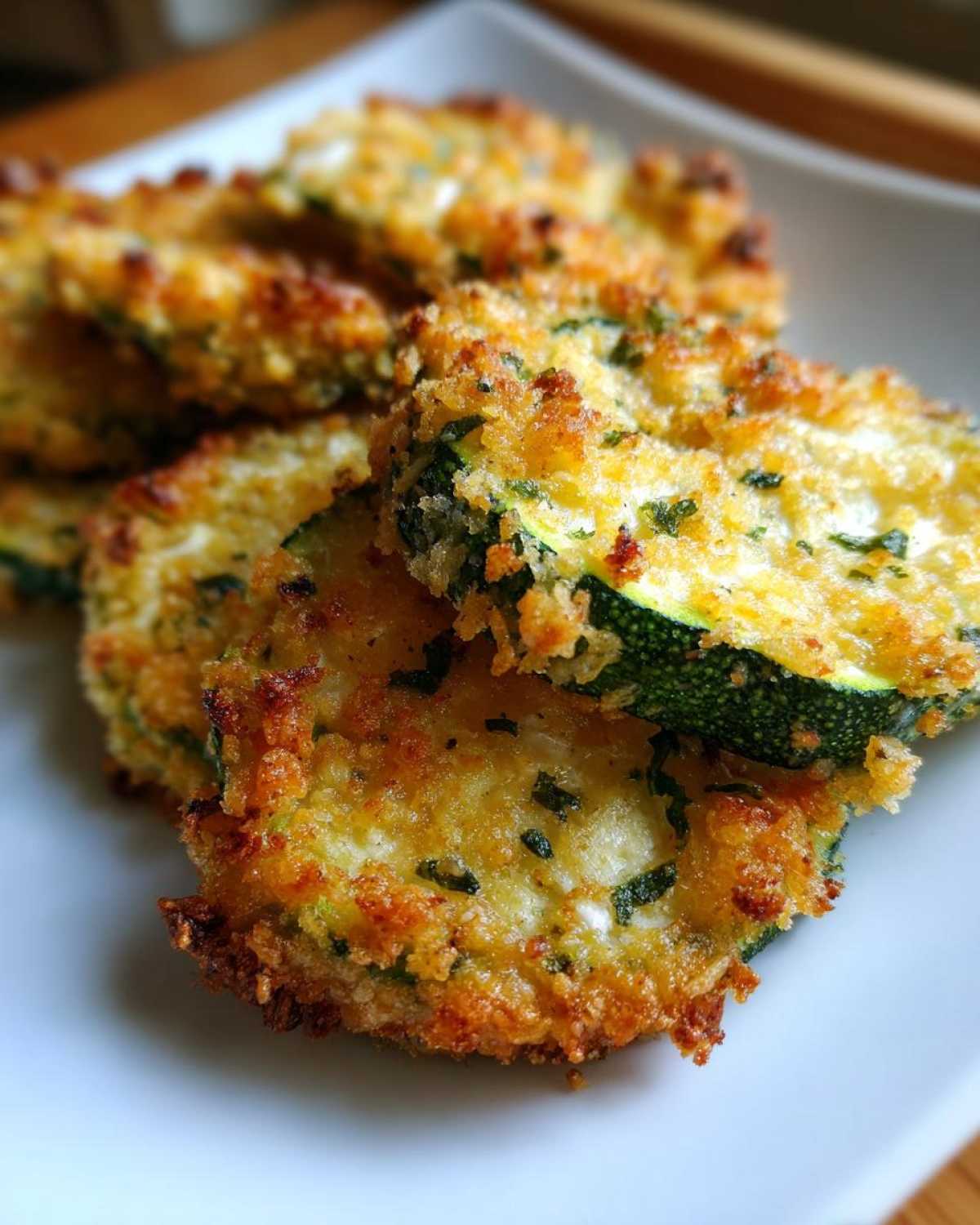 Close-up of golden brown, crispy baked parmesan zucchini slices stacked on a white plate.