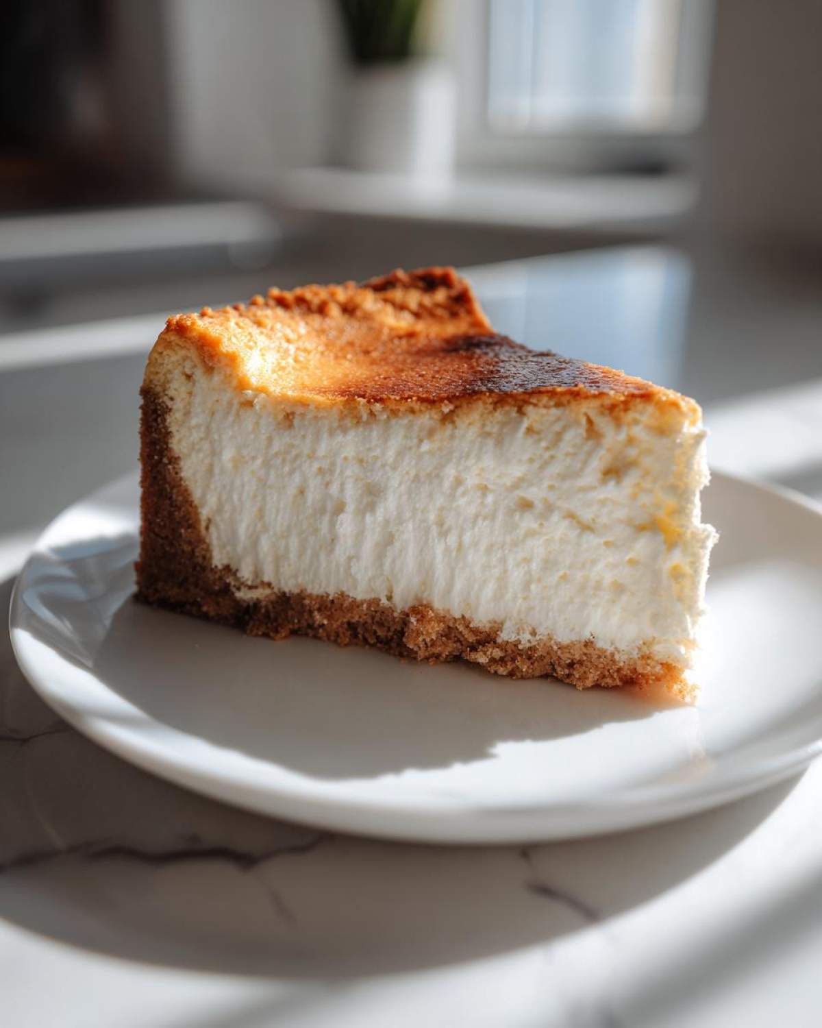 A tall slice of baked Protein Cheesecake with a thick graham cracker crust and a deeply browned top, served on a white plate.