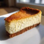 A thick slice of baked Protein Cheesecake showing a creamy white filling and a dark graham cracker crust.