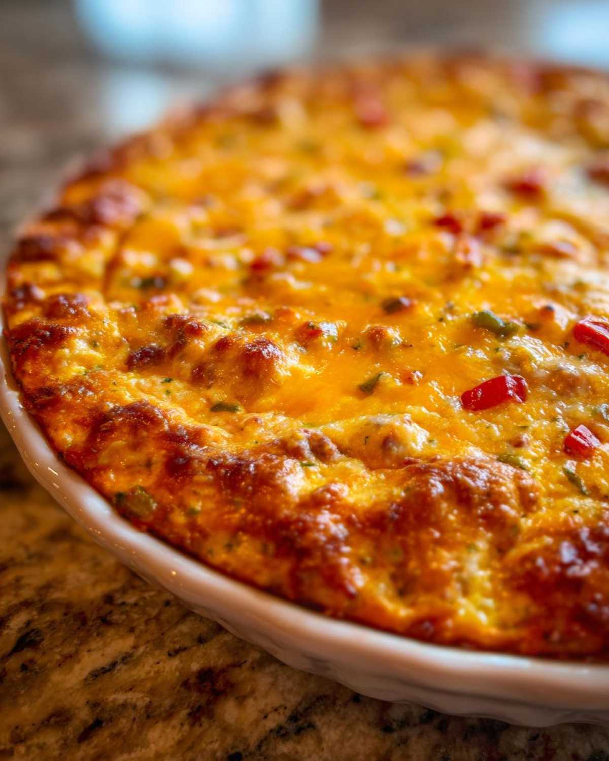 Close-up of a bubbly, baked rotel dip with melted orange cheese and visible red peppers.