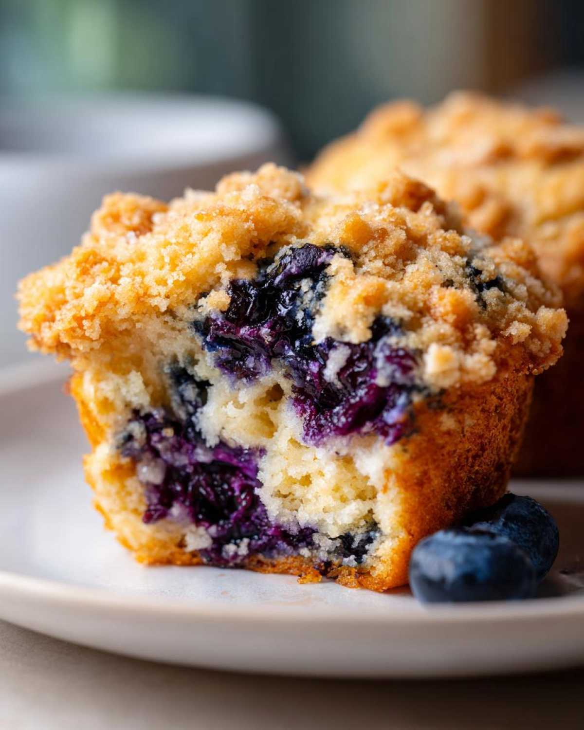 Cross-section view of a moist blueberry muffin showing bursting blueberries and a crunchy crumb topping.
