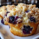 Close-up of a golden-brown blueberry muffin topped with crunchy streusel sugar, highlighting the burst blueberries.